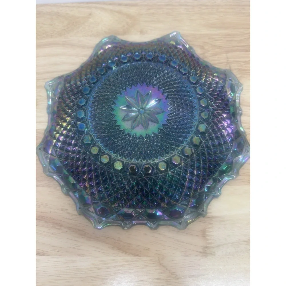 Vintage‎ Indiana Glass Iridescent Carnival Diamond Flower Tray Dish Bowl 10
